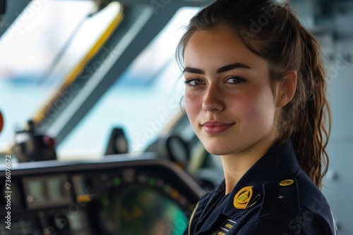 A young female Navy officer in uniform, confidently navigating a ship, representing strength and diversity in the military.