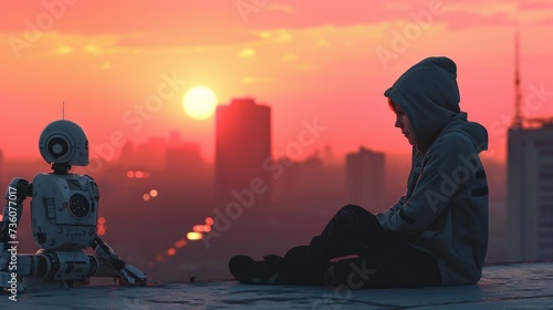 Boy and robot sitting on the roof during sunset