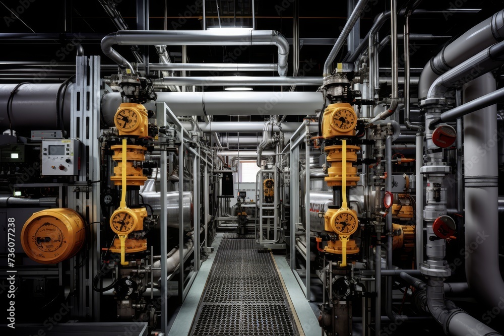 A Detailed View of an Industrial Diffuser Surrounded by a Maze of Pipes, Gauges, and Mechanical Equipment in a Factory Setting A Detailed View of an Industrial Diffuser Surrounded by a Maze of Pipes, Gauges, and Mechanical Equipment in a Factory Setting