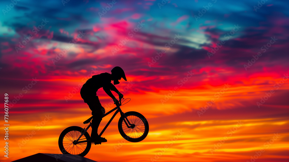 Obraz premium 夕焼けとBMXに乗っている人のシルエット
