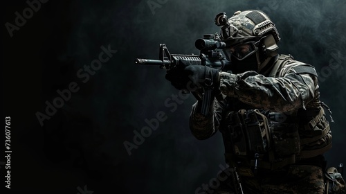 Rifle-wielding special forces soldier against a dark background