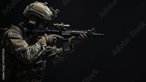 Rifle-wielding special forces soldier against a dark background