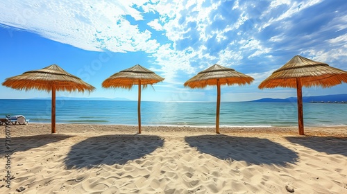 On a stunning, sunny beach, straw parasols
