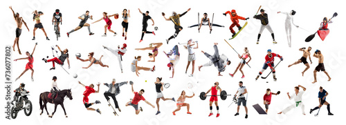 Collage made of various people, men and women, athletes of different sports in motion isolated on white background. Concept of professional sport, competition, tournament, dynamics