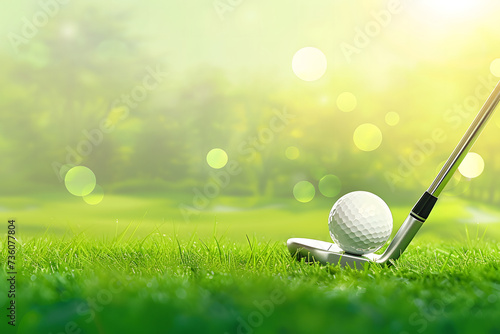 A golf club and ball resting on green grass with a background illuminated by sunlight. photo
