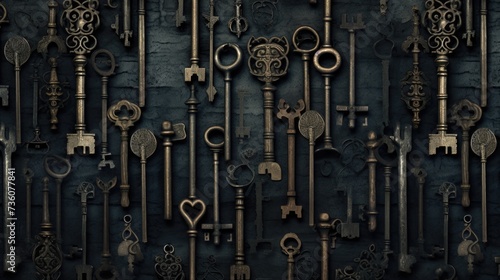 Background with antique old keys in Charcoal color.