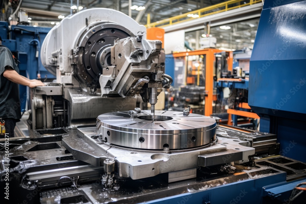 A detailed view of a robust machine table in an industrial setting, surrounded by tools, equipment, and workers engaged in manufacturing processes