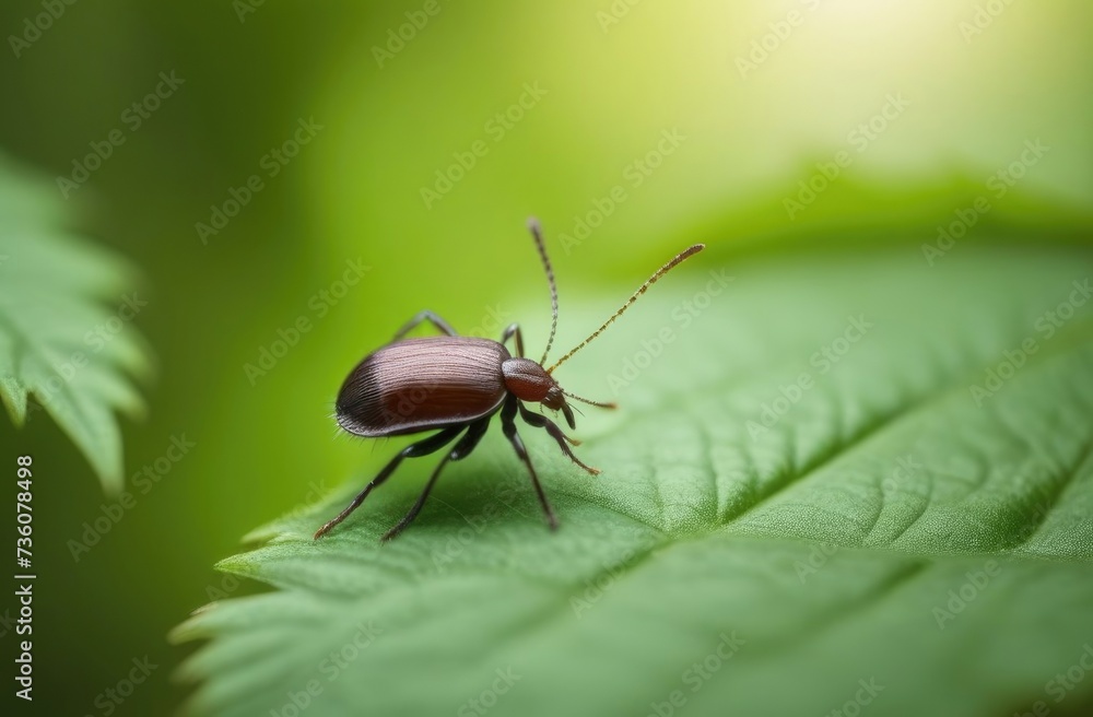 Macro shot of an adult beetle sitting on a leaf blade in a garden. Its forewings are bright scarlet and shiny. The legs, eyes, antennae and head are black Macro shot of an adult beetle sitting on a leaf blade in a garden. Its forewings are bright scarlet and shiny. The legs, eyes, antennae and head are black