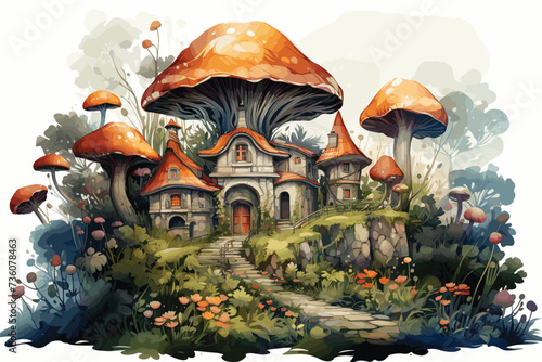 cute mushroom house Colorful clip art watercolor