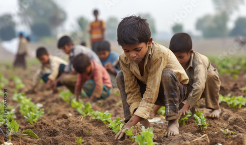 An Indian boy works in the field with other children, his gaze is serious, which highlights the severity of child labor in rural areas