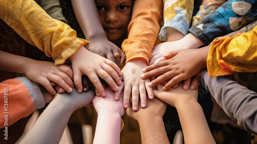 The hands of children of different nationalities, folded together, create a symbol of unity and friendship, emphasizing diversity and solidarity against illegal child labor