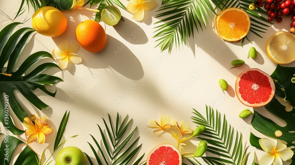 Tropical summer background with room for text, different fruits, greenery, and flowers placed so that light shadows fall on the background surface, assisting in maintaining some sum Tropical summer background with room for text, different fruits, greenery, and flowers placed so that light shadows fall on the background surface, assisting in maintaining some sum