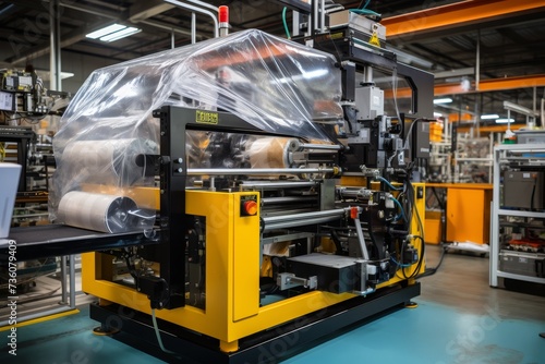 A modern bagging machine sealer in a bustling industrial factory, surrounded by workers diligently ensuring smooth operations