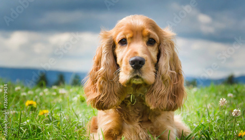 Cocker spaniel breed lying on a green lawn. The dog lies on meadow and looks towards the camera © happyjack29