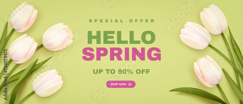 Spring special offer vector banner background with spring season sale text and tulip flowes. Can be used for web banners, wallpaper, flyers