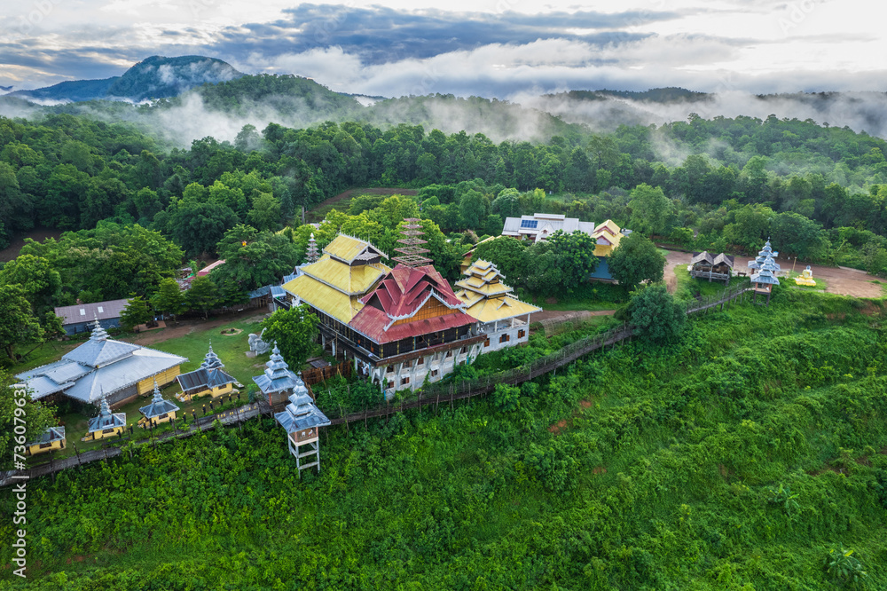Beautiful temple on the hill in rural of Thailand, Mae Hong Son Province, Thailand.