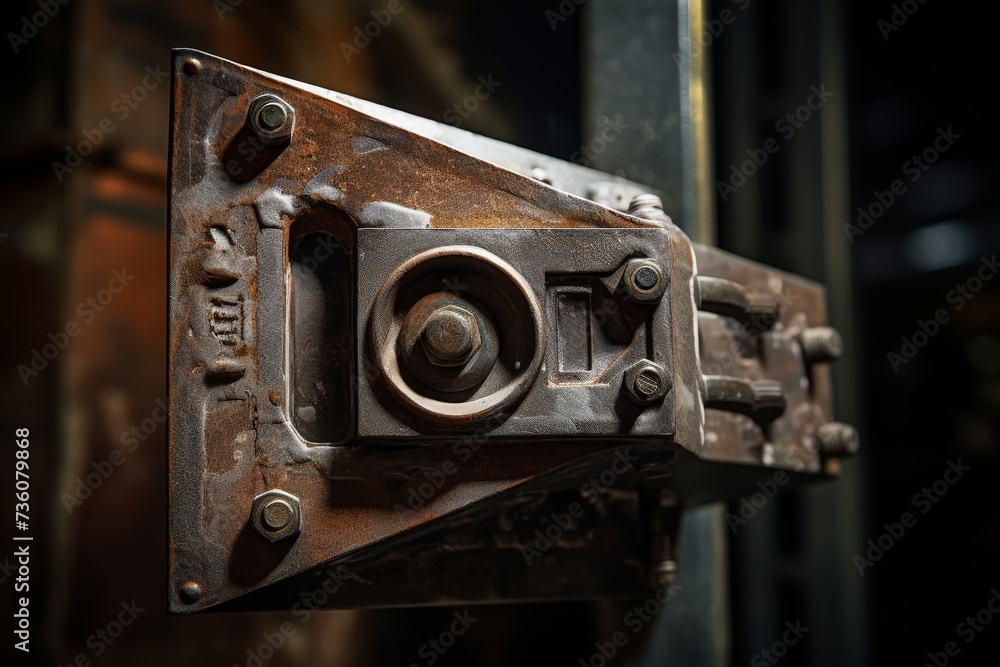 A close-up view of a sturdy, metallic industrial bracket, bathed in the soft glow of ambient light, set against a backdrop of weathered concrete and rusted machinery