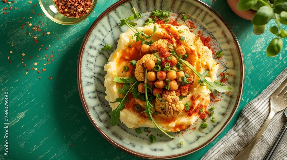 Top view of mouthwatering roasted cauliflower on a ceramic platter with mashed potatoes and seasoned harissa chickpeas against a backdrop of a green table. Top view of mouthwatering roasted cauliflower on a ceramic platter with mashed potatoes and seasoned harissa chickpeas against a backdrop of a green table.