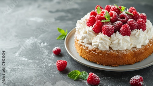 Traditional Latin American cake, tres leches cake with whipped cream and fresh raspberries on top of a gray concrete background. Copy space photo