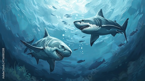 Two great white sharks circle beneath the waves.