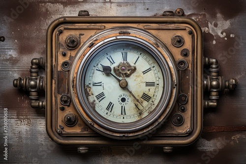 A vintage industrial timer set against a rustic backdrop of weathered wooden planks, rusted metal gears, and faded blueprints