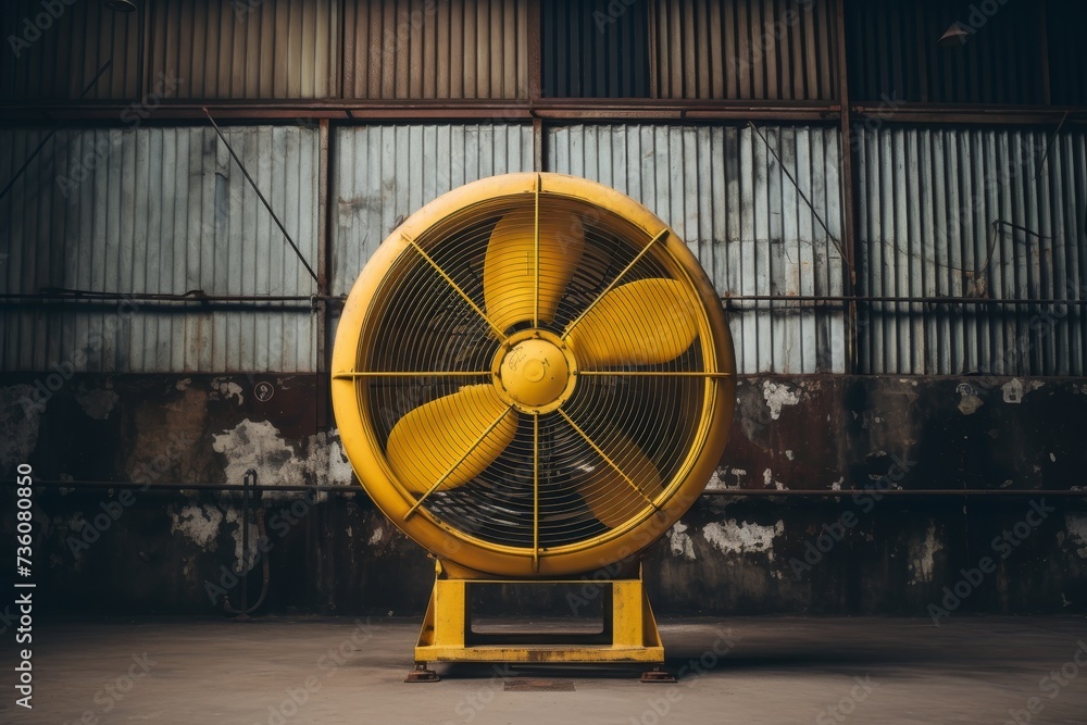A large, industrial ventilation fan, painted in vibrant yellow, stands against a backdrop of weathered brick walls and rusty pipes in an old factory