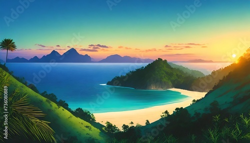 Firefly beach and hill at beautiful sunset; mountain valley landscape; nature banner trees and blue wallpaper  photo