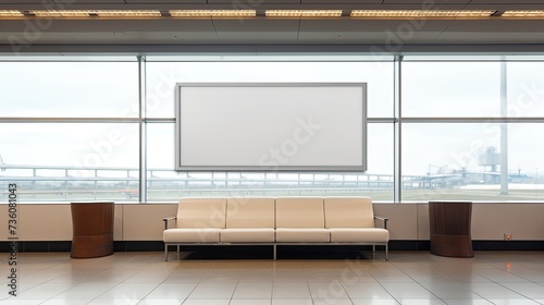 A detailed shot of a blank white billboard in an airport lounge area, with comfortable seating and large windows overlooking the runway in the background. The image focuses on the billboard as a focal
