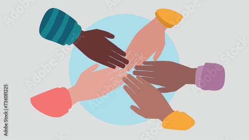 Vektor-Illustration von Menschen, die die Hände  zusammenhalten, um den Teamgeist zu beschwören - Stock 