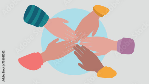 Vektor-Illustration von Menschen, die die Hände  zusammenhalten, um den Teamgeist zu beschwören - Stock 