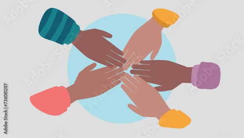 Vektor-Illustration von Menschen, die die Hände  zusammenhalten, um den Teamgeist zu beschwören - Stock 
