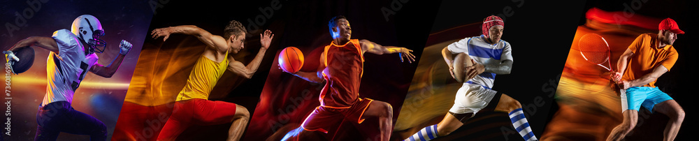 Collage made of competitive, concentrated men, athletes of different sports in motion over black background with mixed lights. Concept of professional sport, competition, tournament, dynamics - obrazy, fototapety, plakaty 