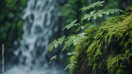 Lush Vegetation Macro: Close-Up Shot Revealing Intricate Details of Moss and Ferns Near Waterfall
