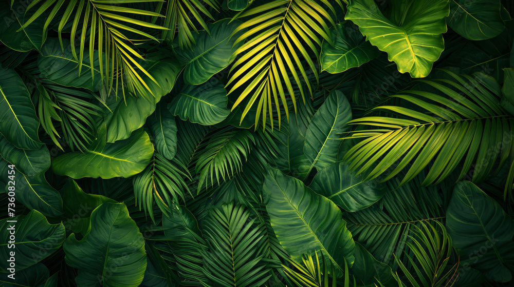Tropical leaves texture. Abstract nature leaf green. - obrazy, fototapety, plakaty 