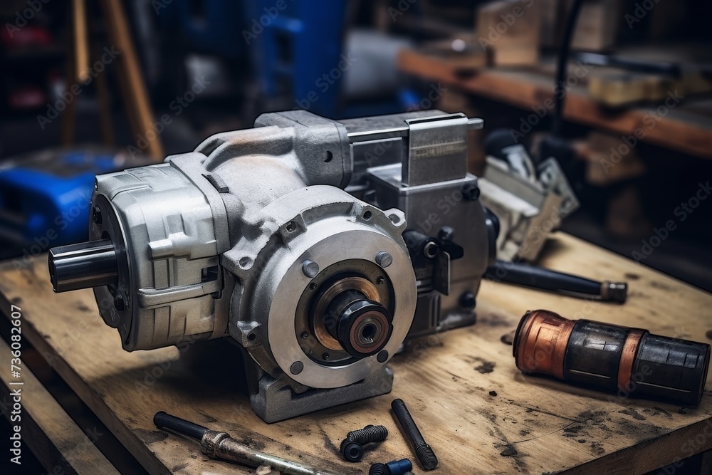 A Close-Up View of a Starter Motor, a Crucial Component in Starting Engines, Resting on a Rustic Wooden Workbench in an Old Garage Workshop - obrazy, fototapety, plakaty 