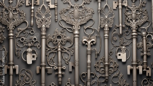 Background with antique old keys in Silver color