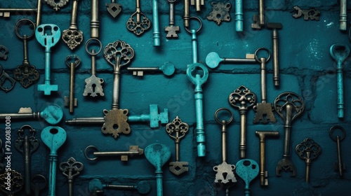 Background with antique old keys in Turquoise color.