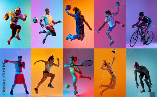 Collage made of young people, men and women, athletes of different sports in motion against multicolored background in neon light. Concept of professional sport, competition, tournament, dynamics © master1305