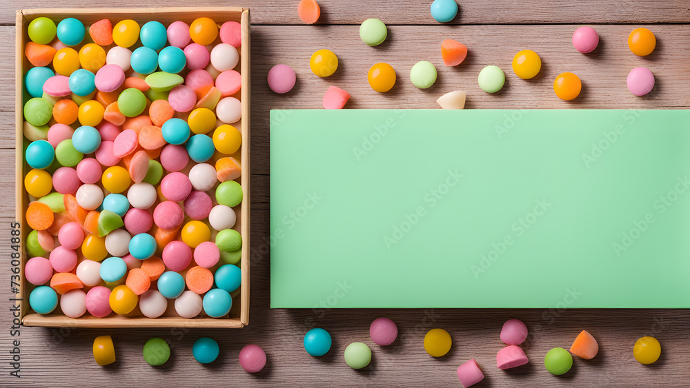 Colorful candies in a candy box and ornament on the wooden table, space for text. Perfect for Easter, Baby Shower, Women's-themed Event, and Spring Festival.