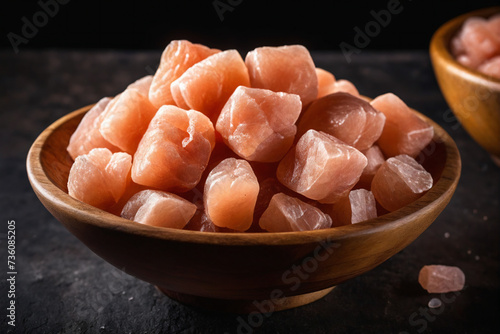 Himalayan salt raw crystals in wood bowl Isolated on dark background