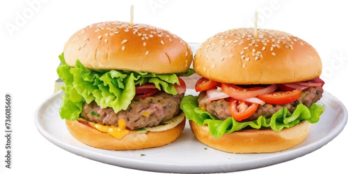 Transparent Closeup of juicy Pulled beef burger with tasty cutlet slices of tomatoes lettuce hamburger with bread, tomato and cucumbers between soft roasted buns in restaurant isolated on a background