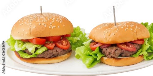 Transparent Closeup of juicy Pulled beef burger with tasty cutlet slices of tomatoes lettuce hamburger with bread, tomato and cucumbers between soft roasted buns in restaurant isolated on a background