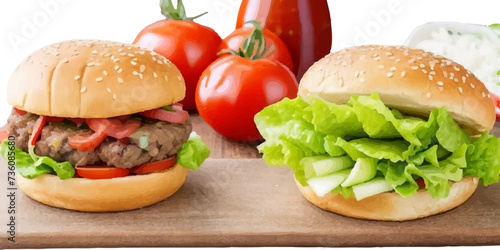 Transparent Closeup of juicy Pulled beef burger with tasty cutlet slices of tomatoes lettuce hamburger with bread, tomato and cucumbers between soft roasted buns in restaurant isolated on a background