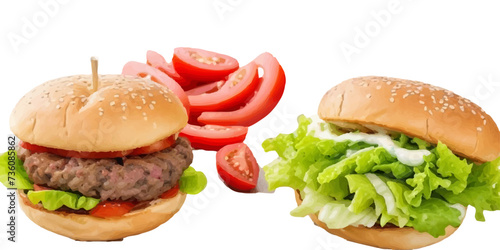 Transparent Closeup of juicy Pulled beef burger with tasty cutlet slices of tomatoes lettuce hamburger with bread, tomato and cucumbers between soft roasted buns in restaurant isolated on a background