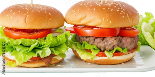 Transparent Closeup of juicy Pulled beef burger with tasty cutlet slices of tomatoes lettuce hamburger with bread, tomato and cucumbers between soft roasted buns in restaurant isolated on a background