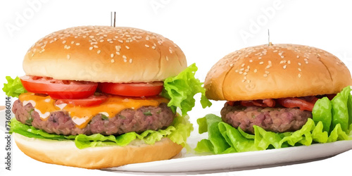 Transparent Closeup of juicy Pulled beef burger with tasty cutlet slices of tomatoes lettuce hamburger with bread, tomato and cucumbers between soft roasted buns in restaurant isolated on a background