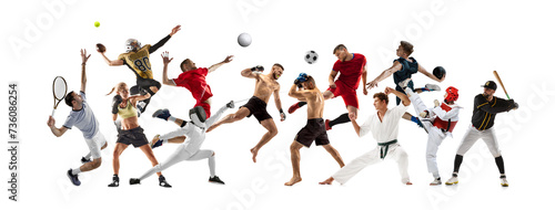 Collage made of competitive people  men and women  athletes of different sports in motion isolated on white background. Concept of professional sport  competition  tournament  dynamics