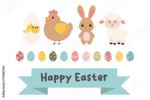 Easter spring set with cute eggs, birds, rabbit and lamb. Vector illustration