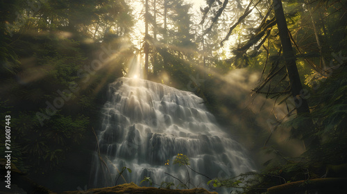 Enchanting Sunburst by Waterfall  Radiant Nature Scene with Glorious Sunlight Filtered Through Trees 