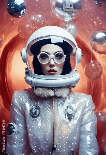 Photography on a strange forbidden futuristic planet, 60's astronaut woman in an inflatable astronaut spacesuit with polka dot print